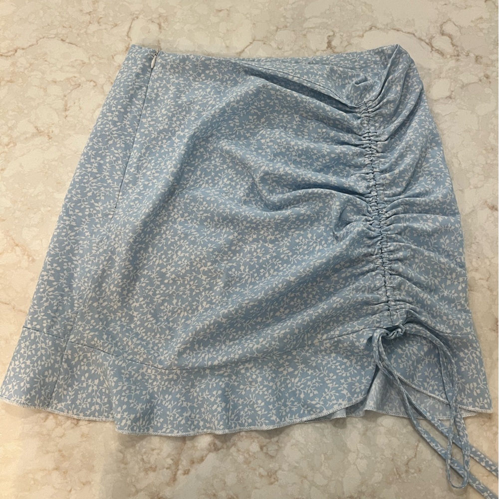 Light Blue Mini Wrap Skirt with Ruched Tie Front